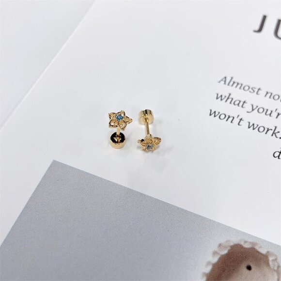 Blue Floral CZ Small Stud Earrings for Sensitive Ears, Hypoallergenic Stainless - Picture 4 of 6